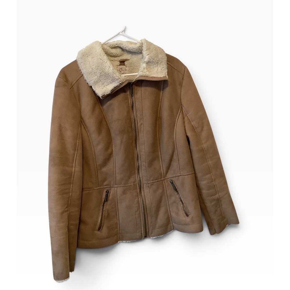 Women's XL Tan Faux Suede Sherpa Lined Jacket Croft & Barrow Full Zip - Picture 2 of 7